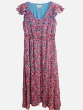 Fyve ~Midi Dress~Vibrant Pink& Blue Floral ~Smocked ~Cute Ruffly Flutter Sleeves